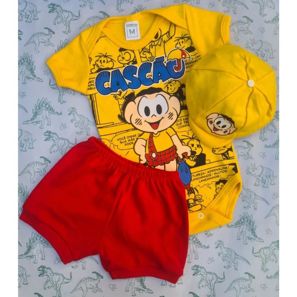 Body Bebê Temático Cascão Turma da Monica - Kit Mesversário  Bori + Bermuda e Boina