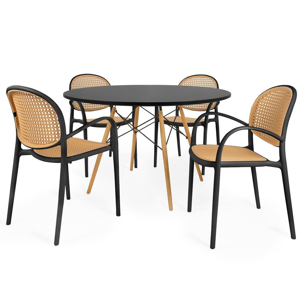 Conjunto Mesa de Jantar Redonda Eiffel Preta 120cm com 4 Cadeiras Roma com Braço