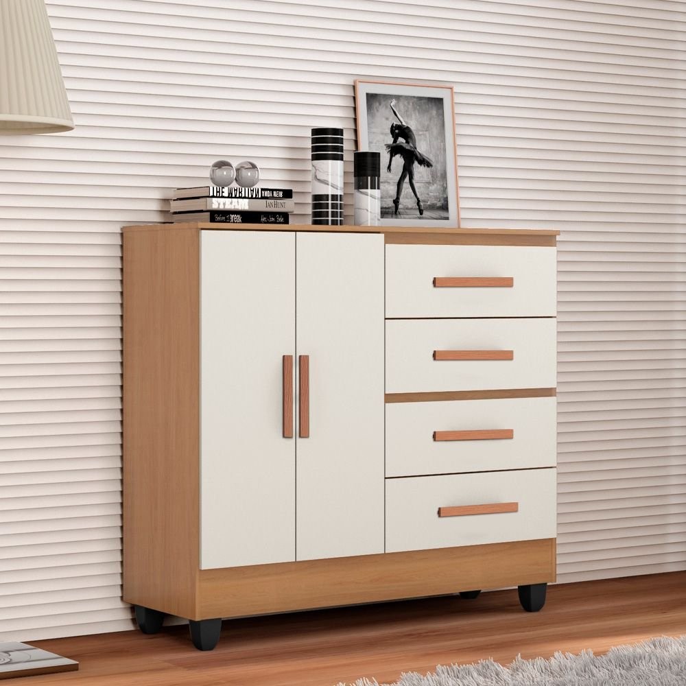 Cômoda para Quarto 4 Gavetas 02 Portas com Pés Lite Nature/Off White em Oferta na Shopee