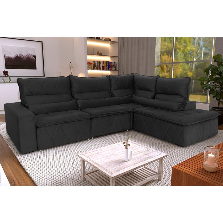 Sofá De Canto Amsterdam Preto Molas Retrátil Reclinável - King House em Oferta na Shopee