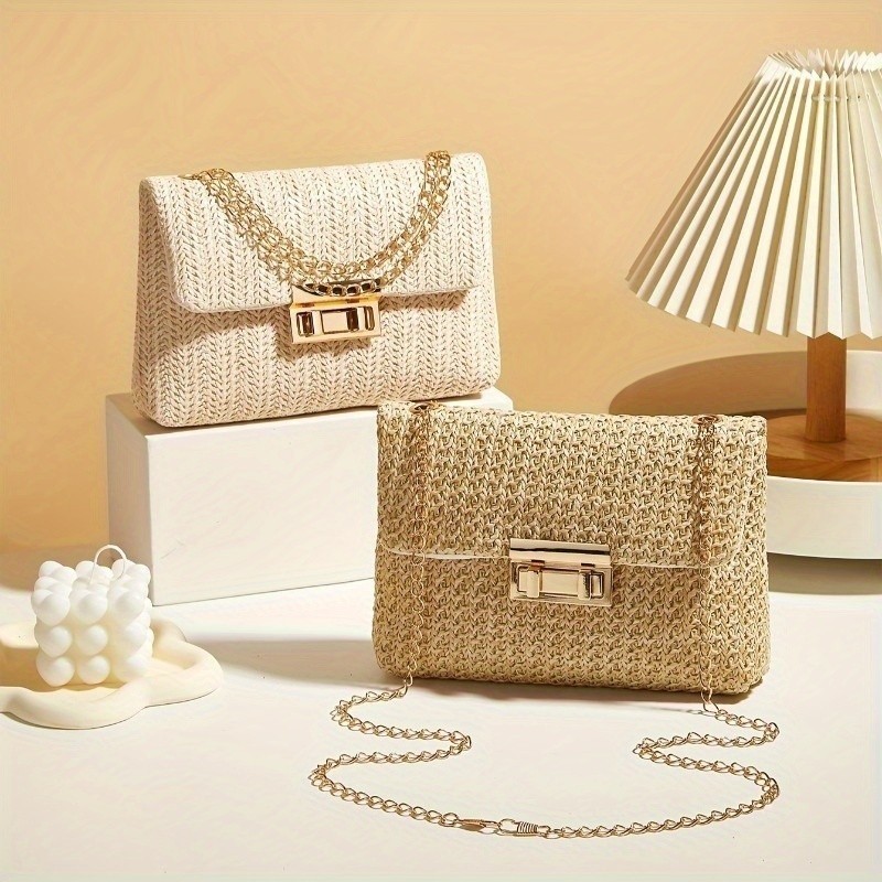 Bolsa Transversal Tecida Listrada Chic para Mulheres - Alça de Corrente Fashion, Fecho com...