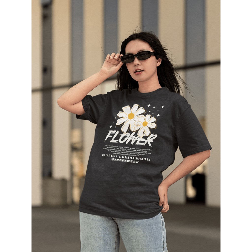 Camisa Camiseta Tshirt Ombro Caido Oversized Gola Alta Streetwear p Dia a Dia Treinar Academia Estampado - FLOWER