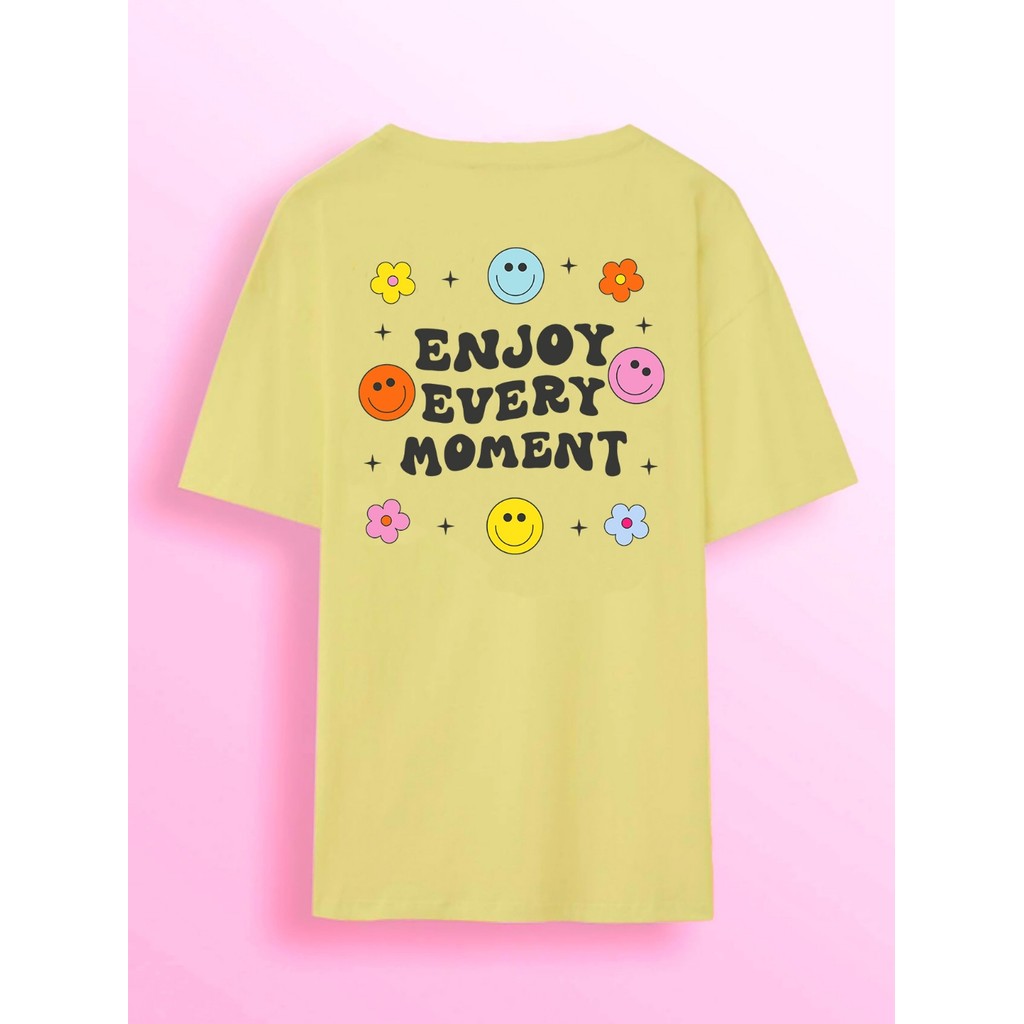 Camiseta Oversized Feminina Larga Estampa Colorida Emoji Smile Feliz Flor Enjoy Every Moment Camisa