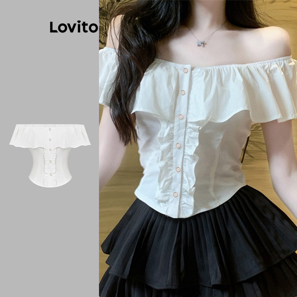 Lovito Blusa Fofa Com Babados Lisos E Botões Frontais Plissados Para Mulheres L114AD634 - Women Clothes