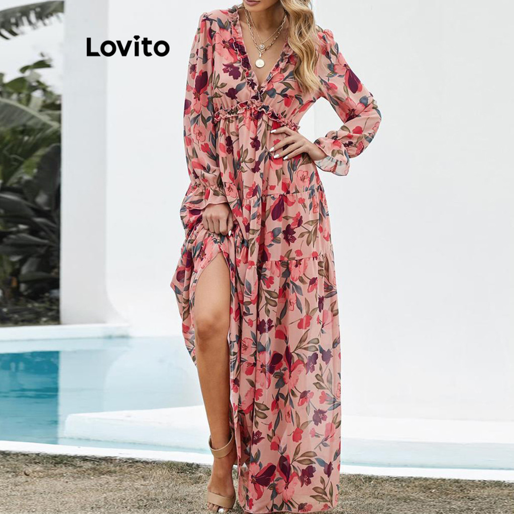 Lovito Vestido elegante com babados florais para mulheres LNL64112