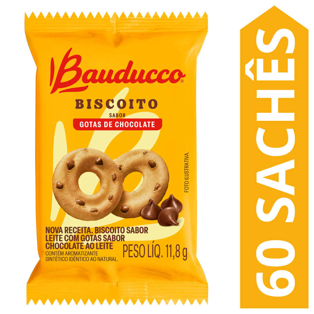 Kit 60 Sachês Biscoito Leite Com Gotas De Chocolate Bauducco 11,8g em Oferta na Shopee