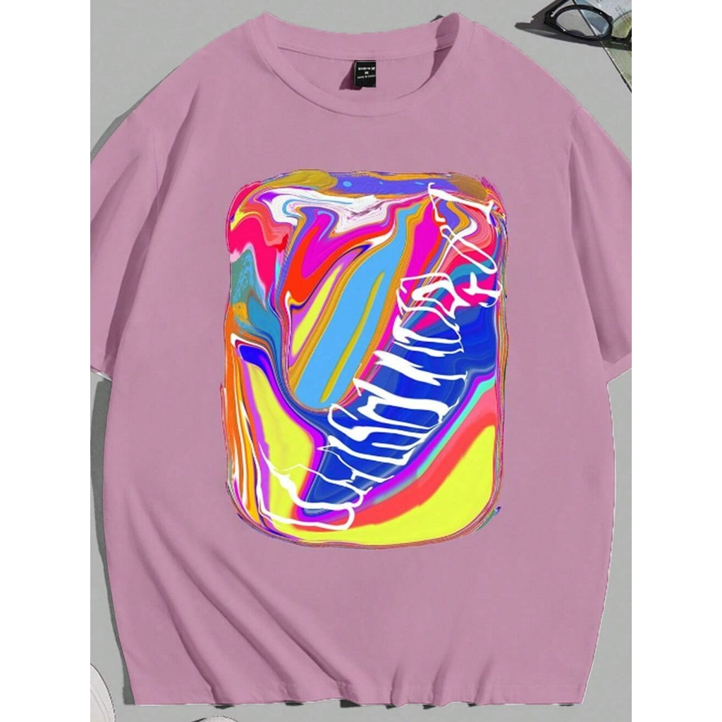 Camiseta Unissex Streetwear Rosa Confortável Larga Verão Estampada Colorido Abstrato Blusa Oversized