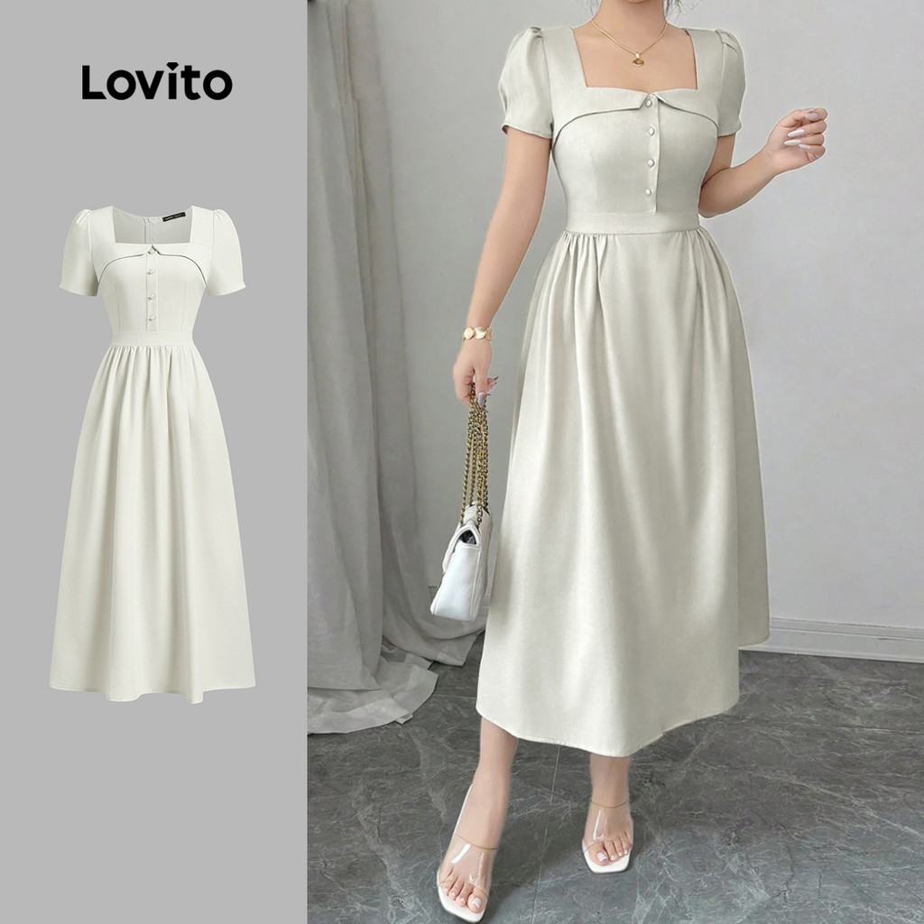 Lovito Vestido Elegante Com Babados E Gola Primavera/Verão Vestido Damasco Para Mulheres L134ED467 - Women Clothes