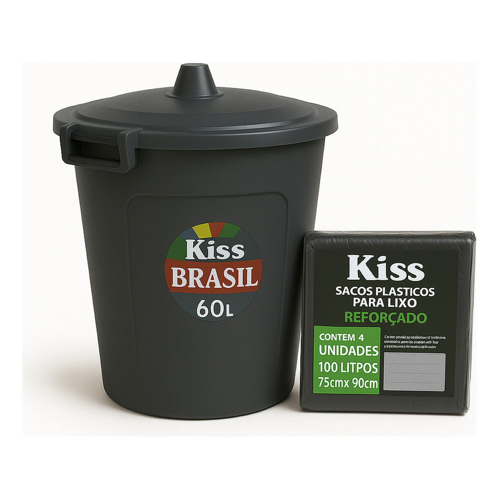 Cesto De Lixo 60l Com Tampa E Trava + 4 Sacos 100l Brinde