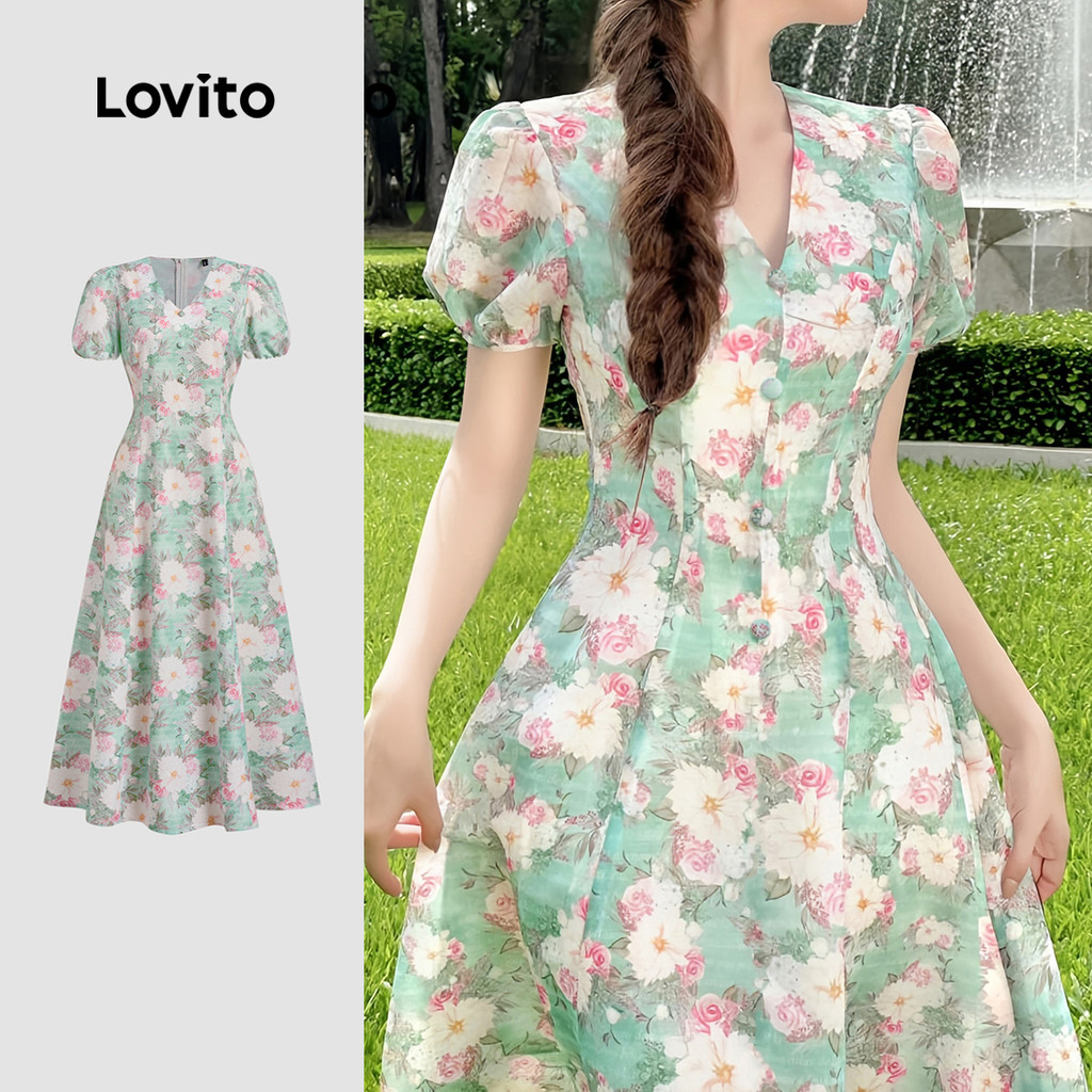 Lovito Vestido Elegante Com Botão Primavera/Verão Vestido Multicolorido Para Mulheres L134ED1074 - Women Clothes