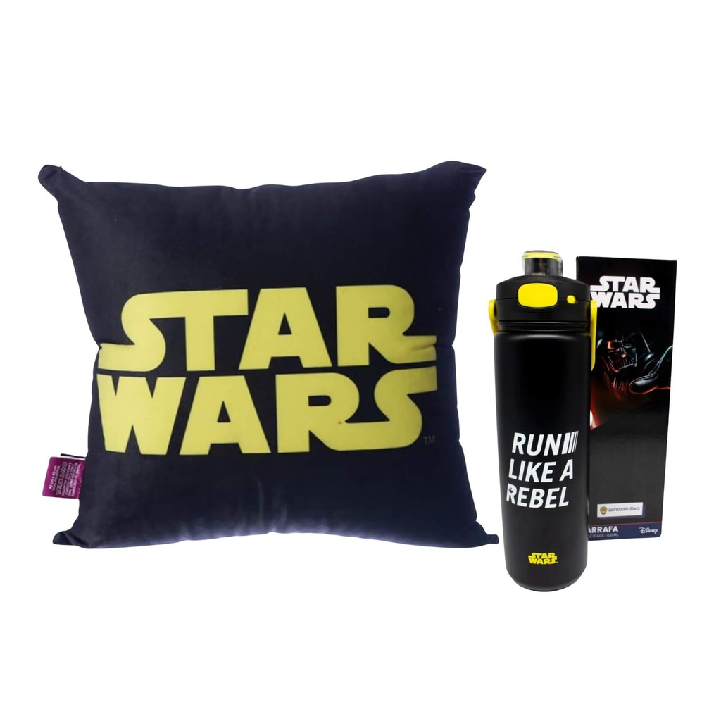 Kit Star Wars Zona Criativa: Almofada Veludo 40x40 + Garrafa Excalibur Térmica 700ml