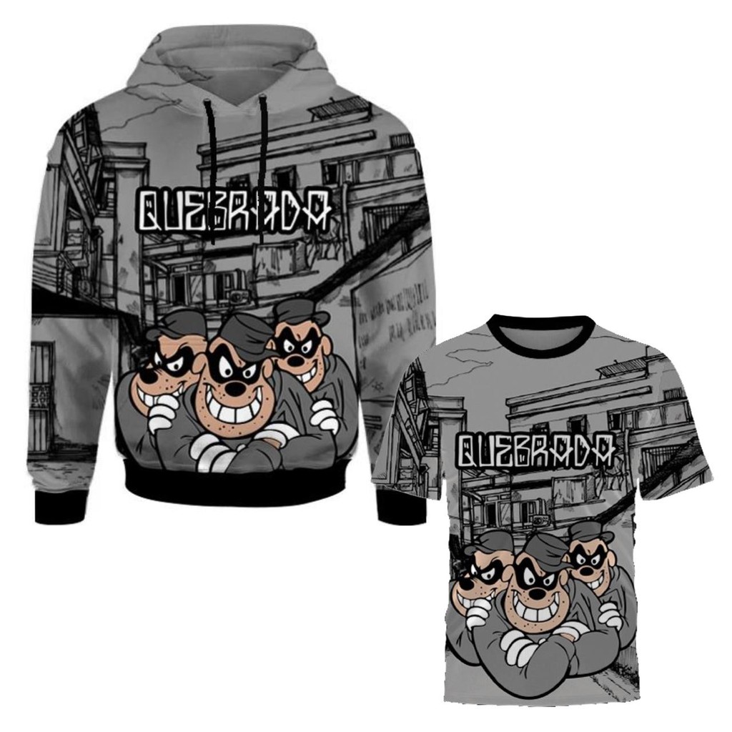 Kit Camiseta 3D Irmãos Metralha + Moletom Quebradinha Estilo Favela Venceu Capuz Bolso Lateral