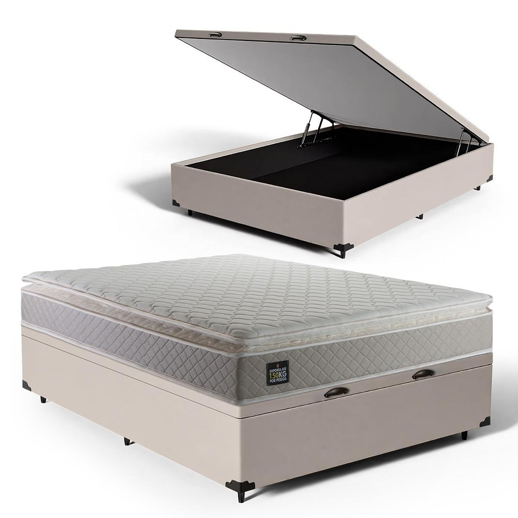 Cama Box Baú com Colchão de Espuma D45 Pillow Top Strong + 2 Trav Casal 138cm