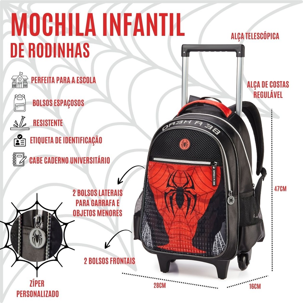 Kit Mochila Escolar Infantil com Rodinhas, Lancheira e Estojo Duplo Spider Aranha, Marculina · foto 2