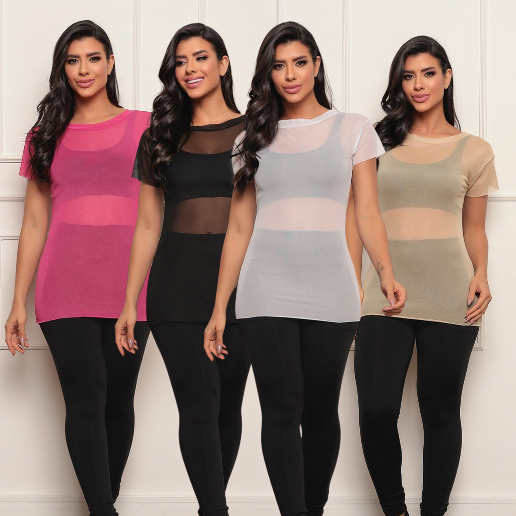 Kit 4 Blusa Feminina Transparente de Tule Manga Curta Camiseta Academia Treino