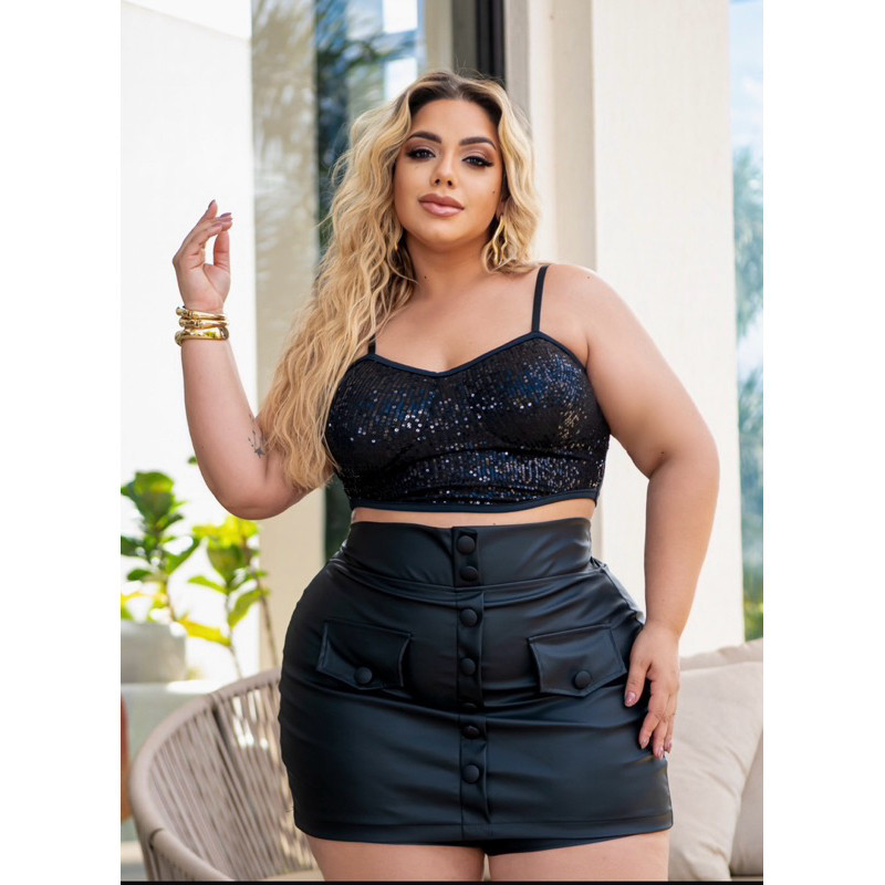 Cropped Paetê e shorts saia courino Plus size fim de ano/carnaval/natal/ano novo/brilho/bory/balada/Manguinha/Tardezinha
