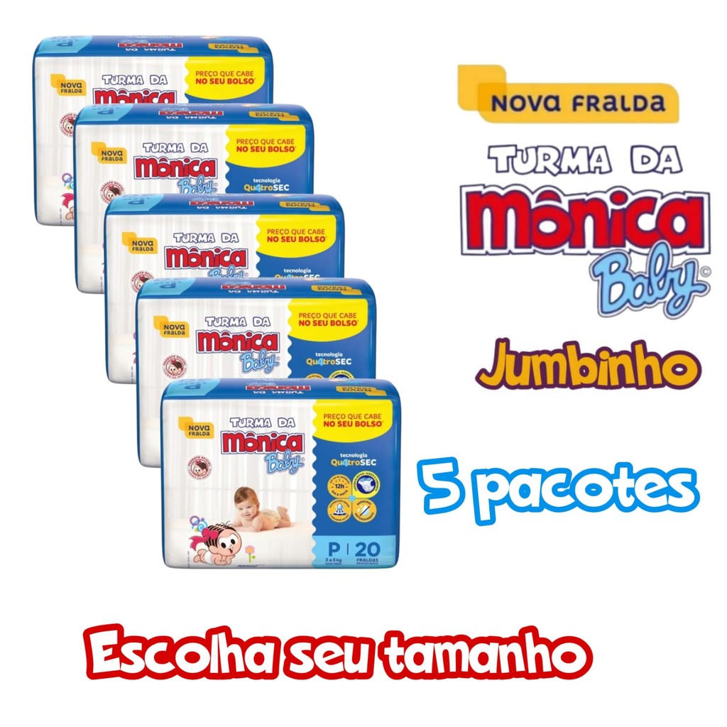 Kit C/5 Pacotes de Fralda Turma Da Monica  Jumbinho RN,P,M,G em Oferta na Shopee