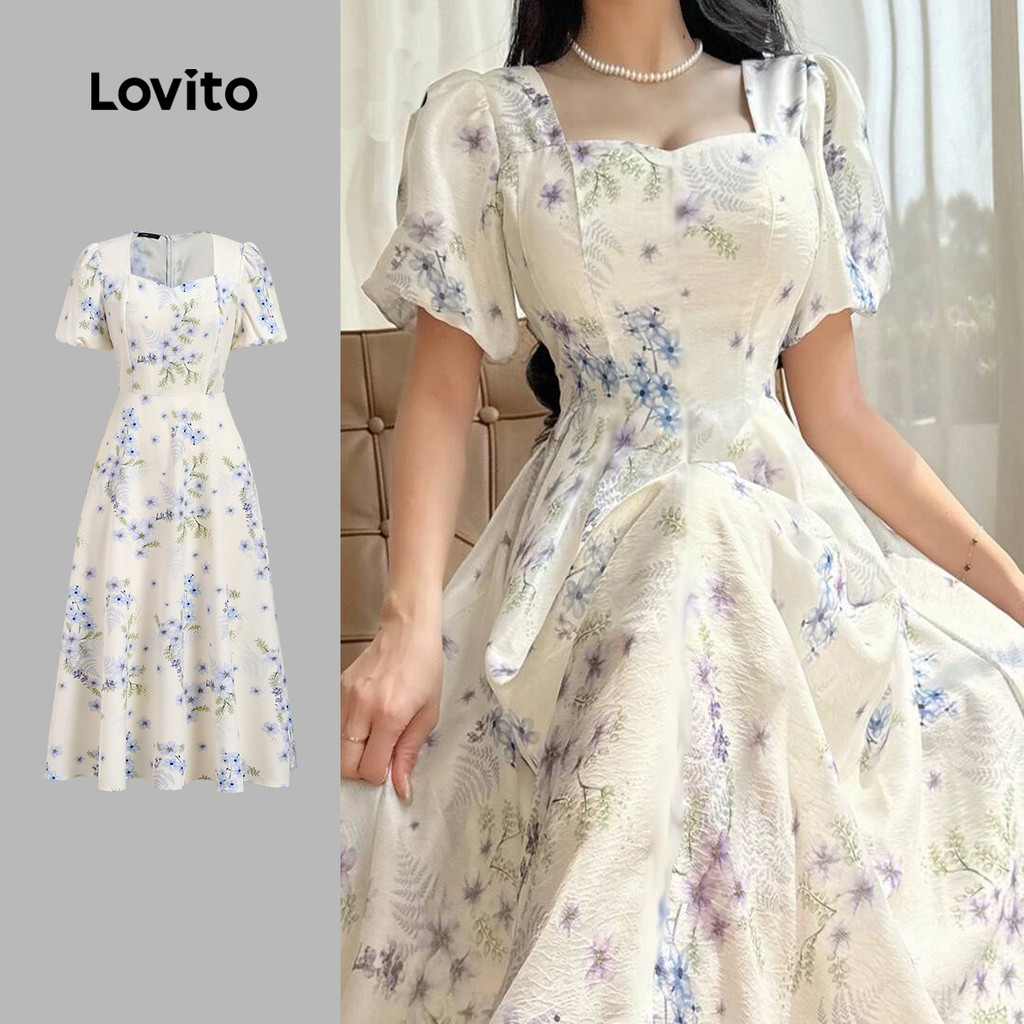 Lovito Vestido elegante com mangas bufantes primavera/verão azul e branco para mulheres LBR25LD509 - Women Clothes