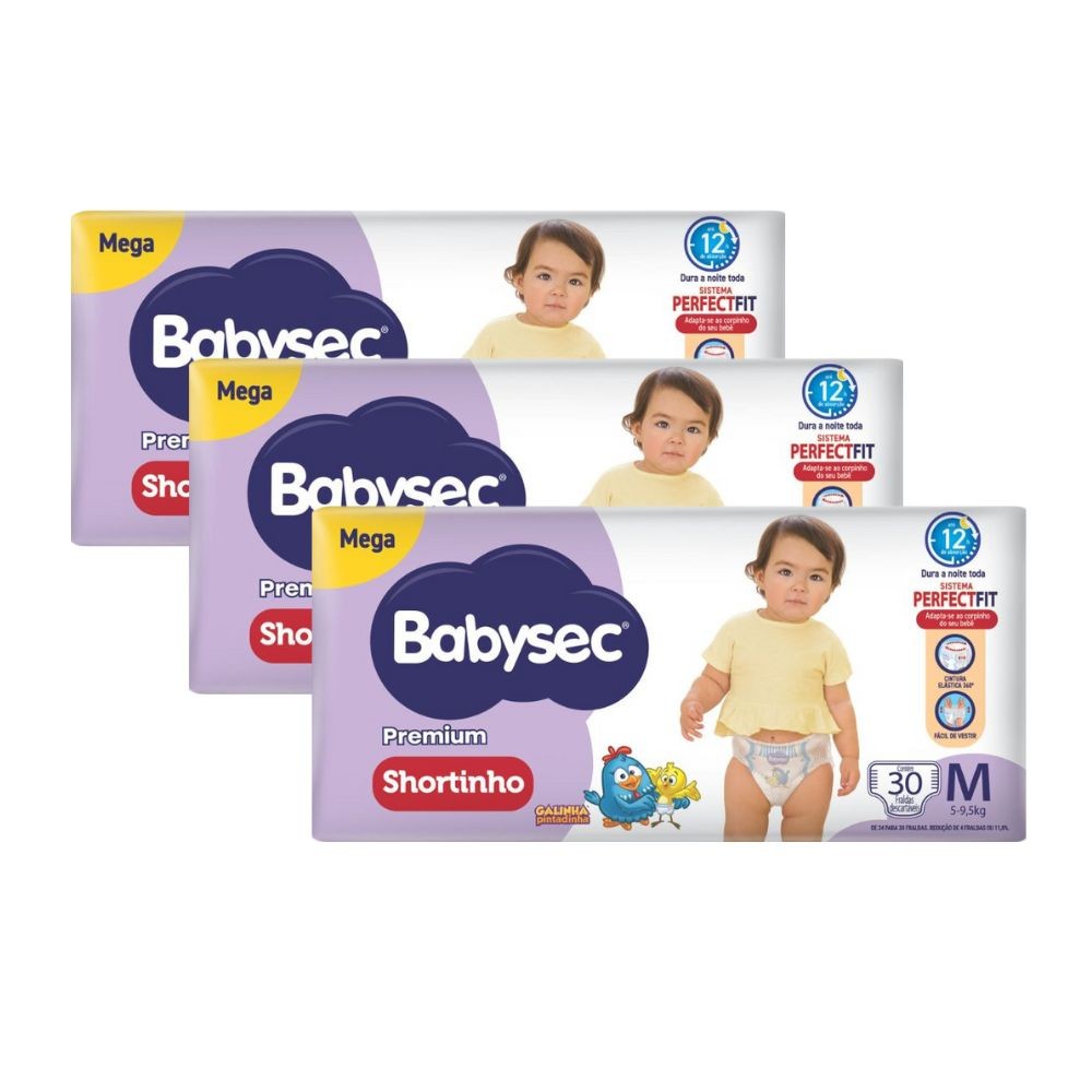 Kit 3 Fralda Shortinho Babysec Premium Tamanho M com 30 Fraldas Descartáveis - Mom & Baby