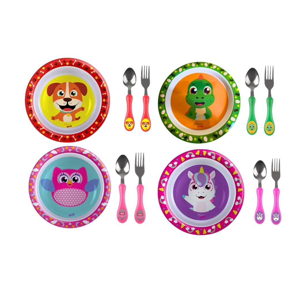 Kit Refeição Prato Raso Infantil + Talher Inox Personagem Colorido