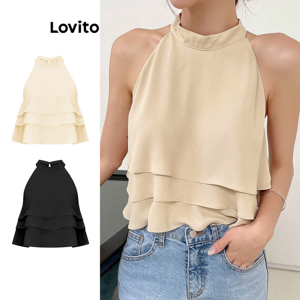 Lovito Regata Elegante Com Camada Lisa Em Camadas Para Mulheres L71ED061 (Caqui Claro/Preto) em Oferta na Shopee