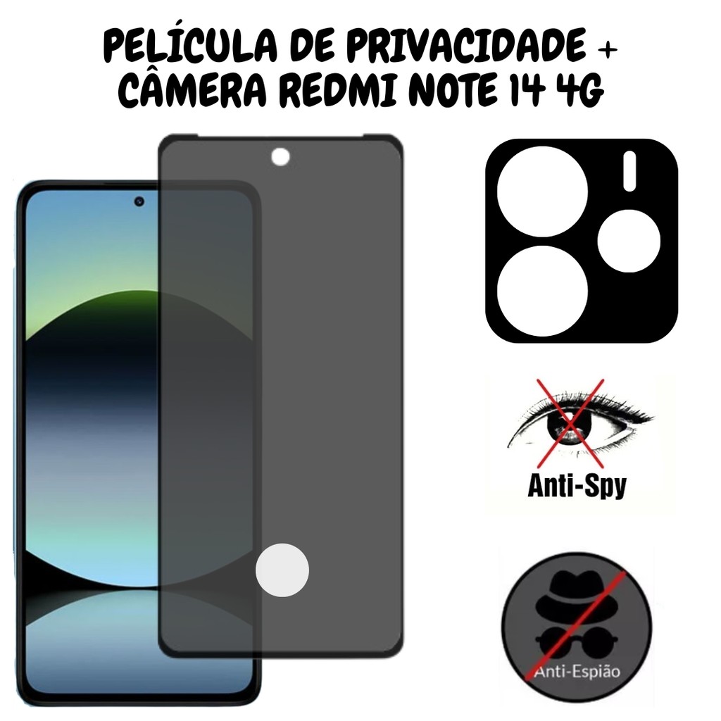 Película Privacidade Redmi Note 14 4G C/Furo Para Biometria + Película Para Câmera