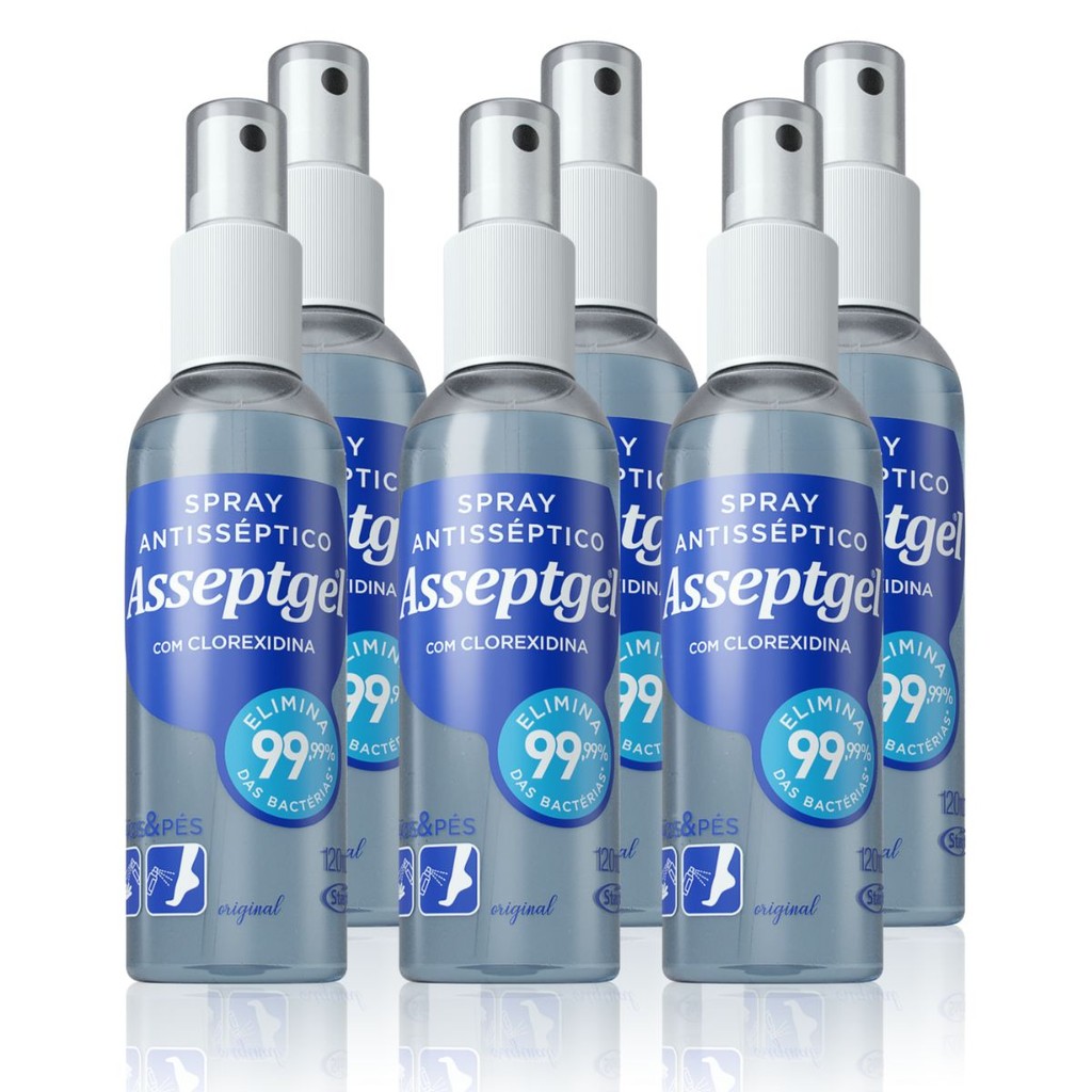 Pack 6un Spray Antisséptico com Clorexidina Asseptgel Elimina 99,99% das Bactérias Mãos e Pés 120ml