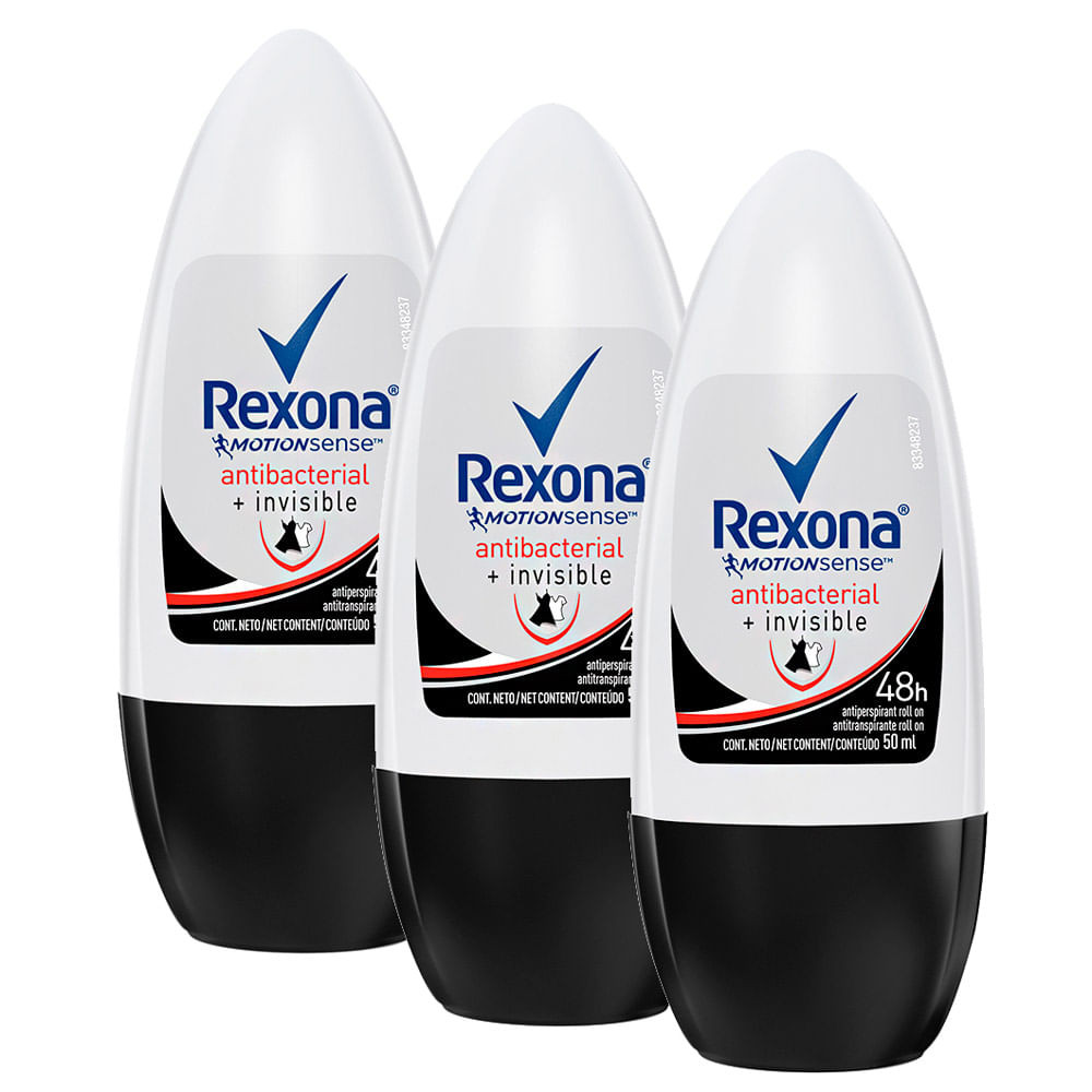 Kit 3 Desodorante Antitranspirante Rexona Antibacterial + Invisible Roll-on 50ml - Beauty