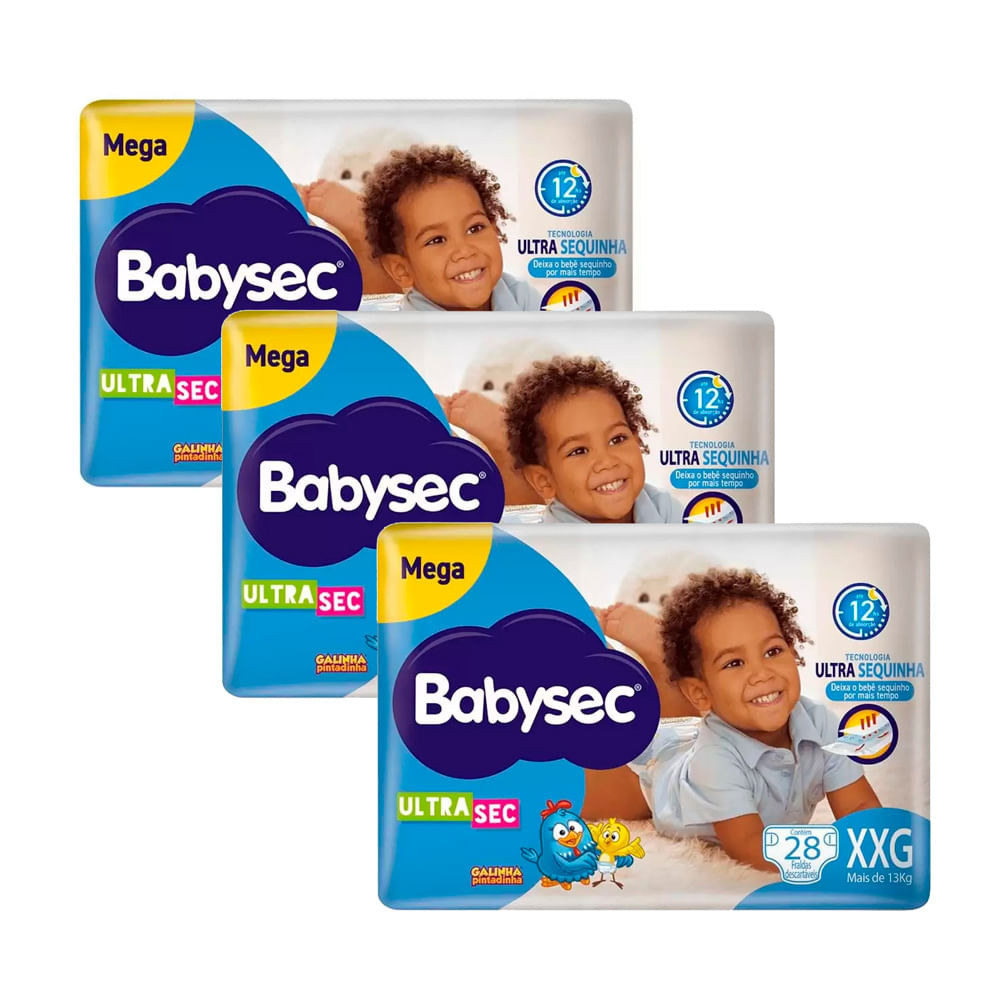 Kit 3 Fralda Babysec Ultrasec Tamanho XXG Pacote Mega 28 Unidades Descartáveis - Mom & Baby
