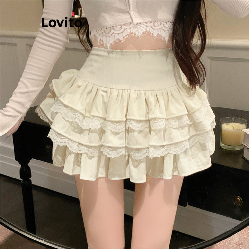 (Trendy) Lovito Saias Fofas De Renda Lisa Em Camadas Com Babados Em Cascata Para Mulheres L94AD089 - Women Clothes