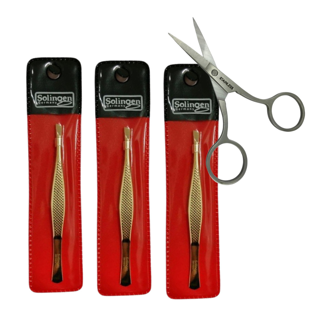 Kit 3 Pinças Solingen Reta Profissional Designer Sobrancelha + Tesourinha Cílios