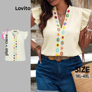 Lovito Blusa Plus Size Casual com Padrão Simples e Babados para Mulheres LBL19054 em Oferta na Shopee