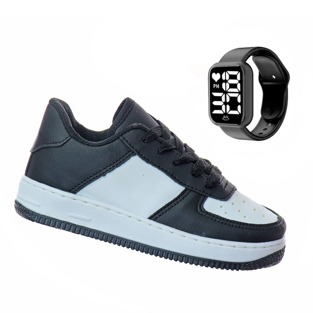 Kit Tênis Sapato Infantil Menino Casual Juvenil Preto e Branco com Relógio