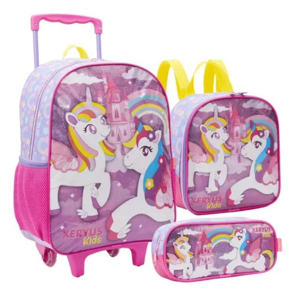 Mochila Rodinhas Unicórnio Arco Íris Lancheira Estojo Rosa Infantil Xeryus