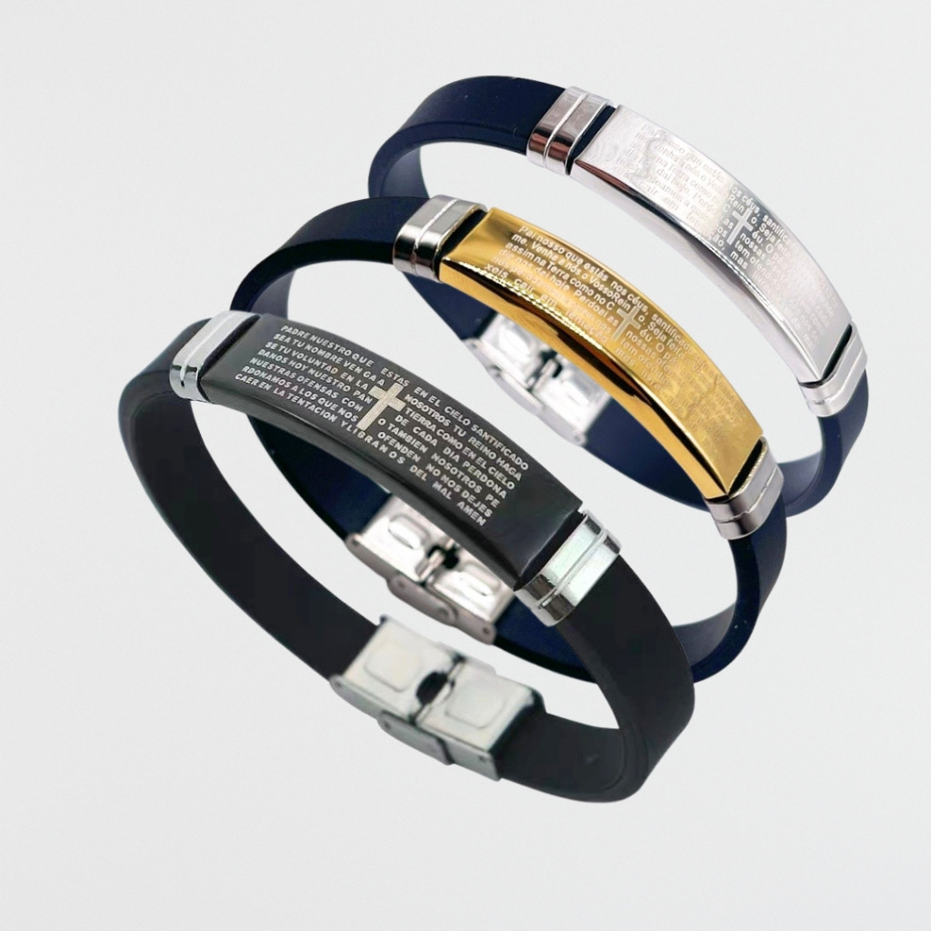 Kit 3 Pulseira Masculino Feminina Bracelete SILICONE COM PLACA Folheado Pai Nosso Proteção Promoção em Oferta na Shopee
