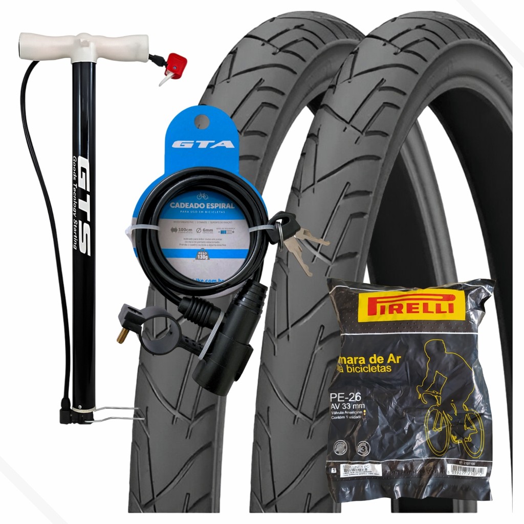 Kit Par de Pneu 26x1.1/2 Praieiro Levorin + 2 Câmara 26x Pirelli + 1 Bomba de Ar GTS + 1 Cadeado GTA em Oferta na Shopee