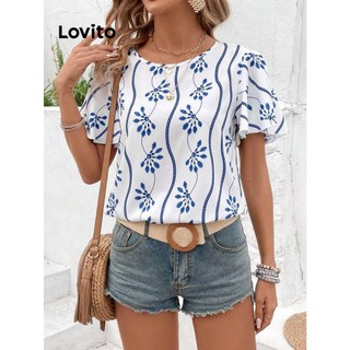 Lovito Blusa casual floral com babados e flores para mulheres LNL72561 em Oferta na Shopee