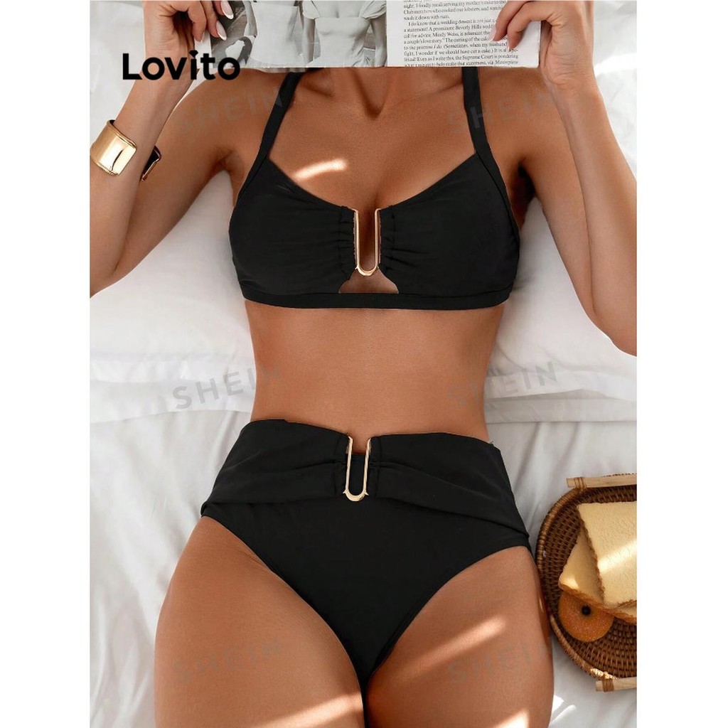 Lovito Conjuntos De Biquíni Sexy Conjuntos De Biquíni De Metal Liso Para Mulheres LNL81009 em Oferta na Shopee