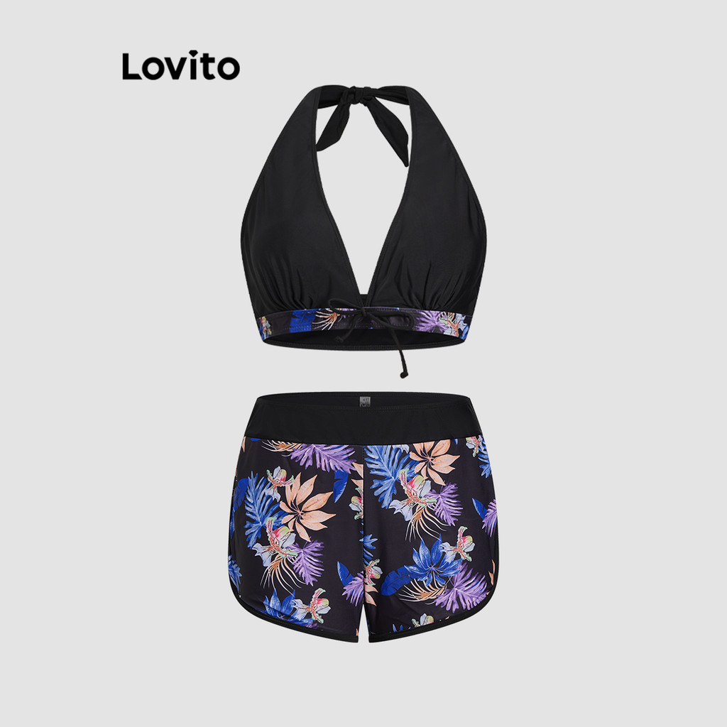 Lovito Biquíni Sexy Tropical Costas Nus com Amarração para Mulheres LNL47007 - Sports & Outdoors