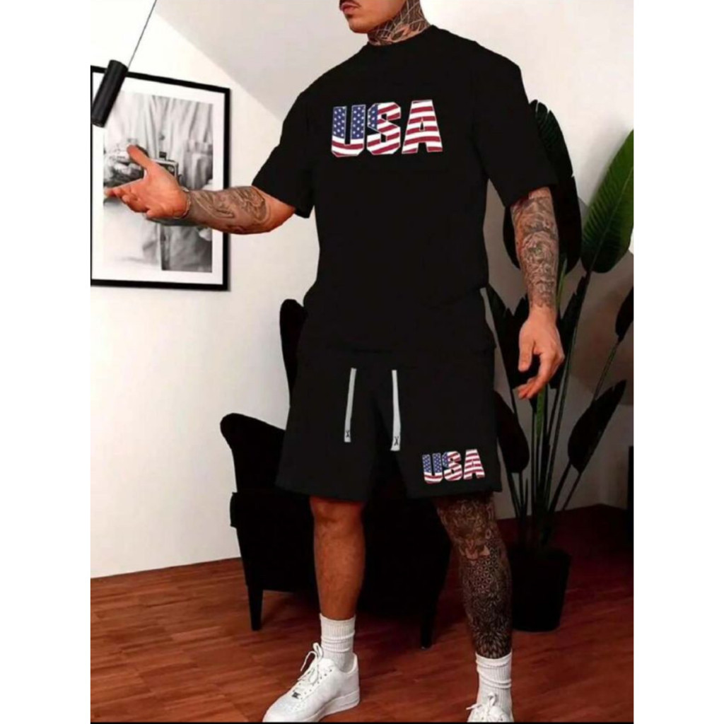 Conjunto USA NOVO Lançamento Camiseta gola Redonda Algodão + Shorts Mauricinho Tactel Masculino Confortavel