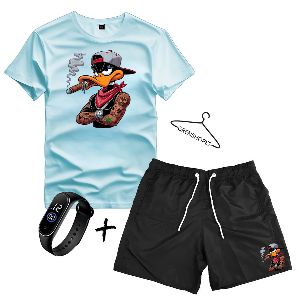Conjunto Kit Camiseta E Bermuda Tectel + Relogio Estampa Pato Camisa Masculina Premium
