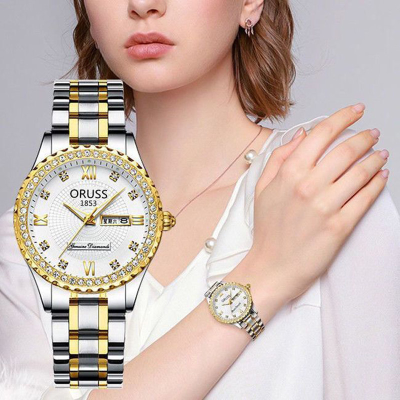 ORUSS Relógio Feminino Quartzo Dourado À Prova d'Água 30m Duplo Calendário Luminoso - Elegante
