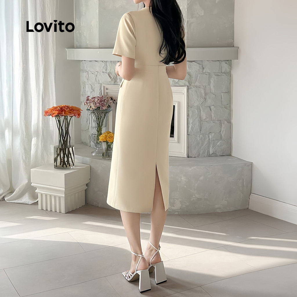 Detalhes do Lovito Vestido sofisticado com botões, bolso decorativo e zíper para Primavera/Verão em tom damasco L137ED271