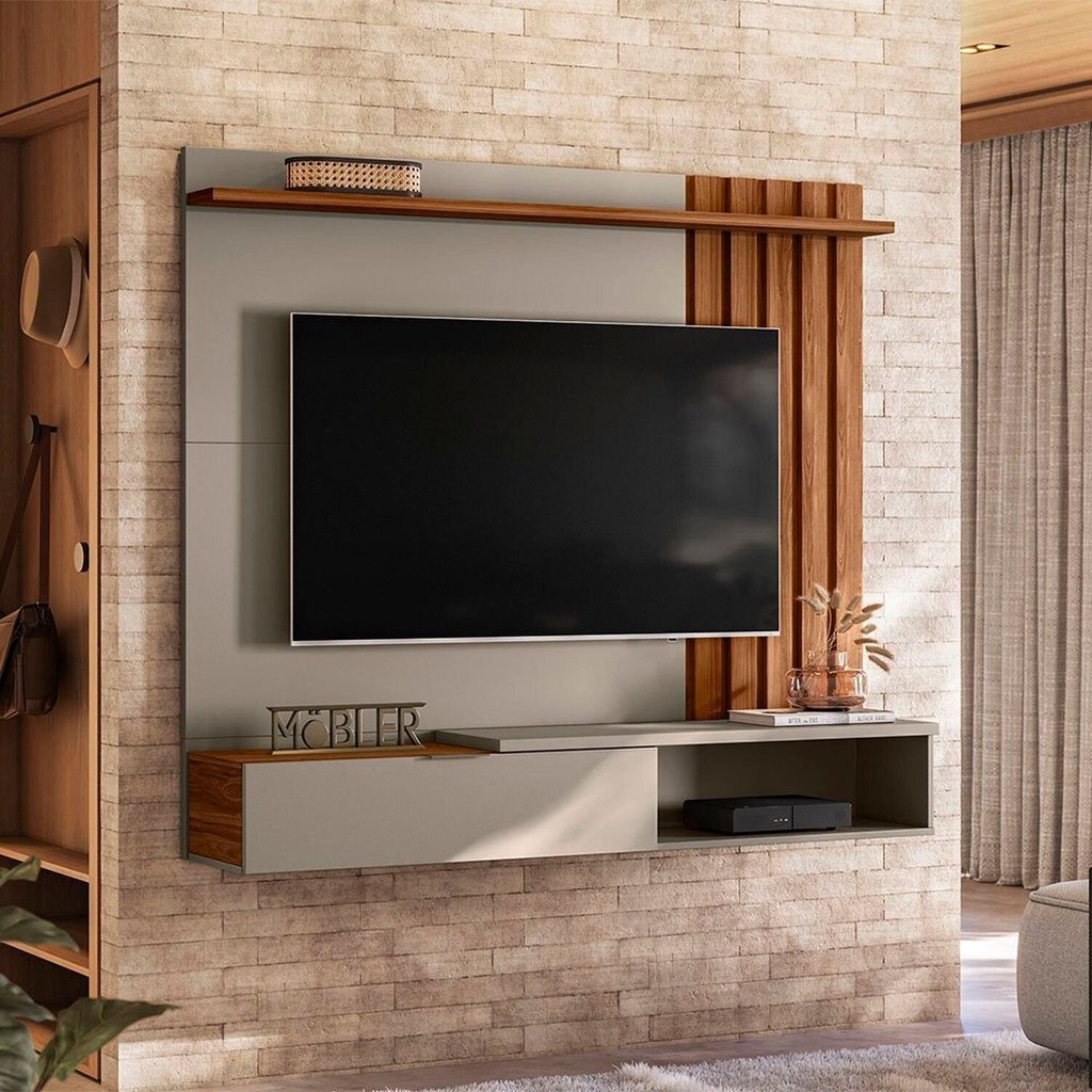 Painel Ripado Suspenso para TV até 65 Polegadas MDF 160CMX138CM Home Vegas Grigi