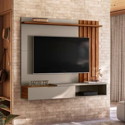 Painel Ripado Suspenso para TV até 65 Polegadas MDF 160CMX138CM Home Vegas Grigio Fosco/Cinamomo Mel