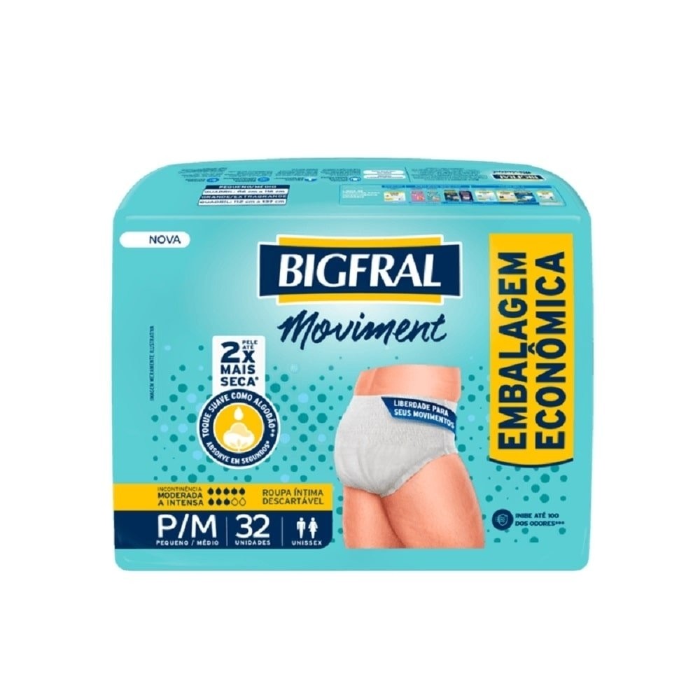 Fralda Descartável Adulto Bigfral Roupa Íntima  Moviment Tamanho P/M - 4 Pacotes com 32 Fraldas - Total 128 Tiras em Oferta na Shopee