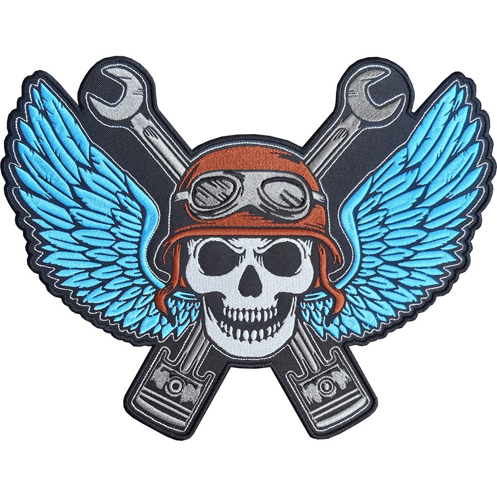 Patch Bordado Caveira Piloto  Azul Claro Skull Motociclista 30x23 Cav14