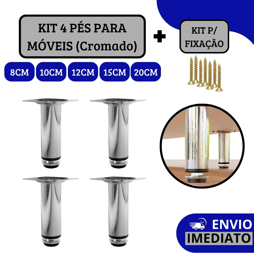 Kit 4 Pés Para Móveis Regulável Redondo Cromado - 8cm | 10cm | 12cm | 15 cm | 20cm