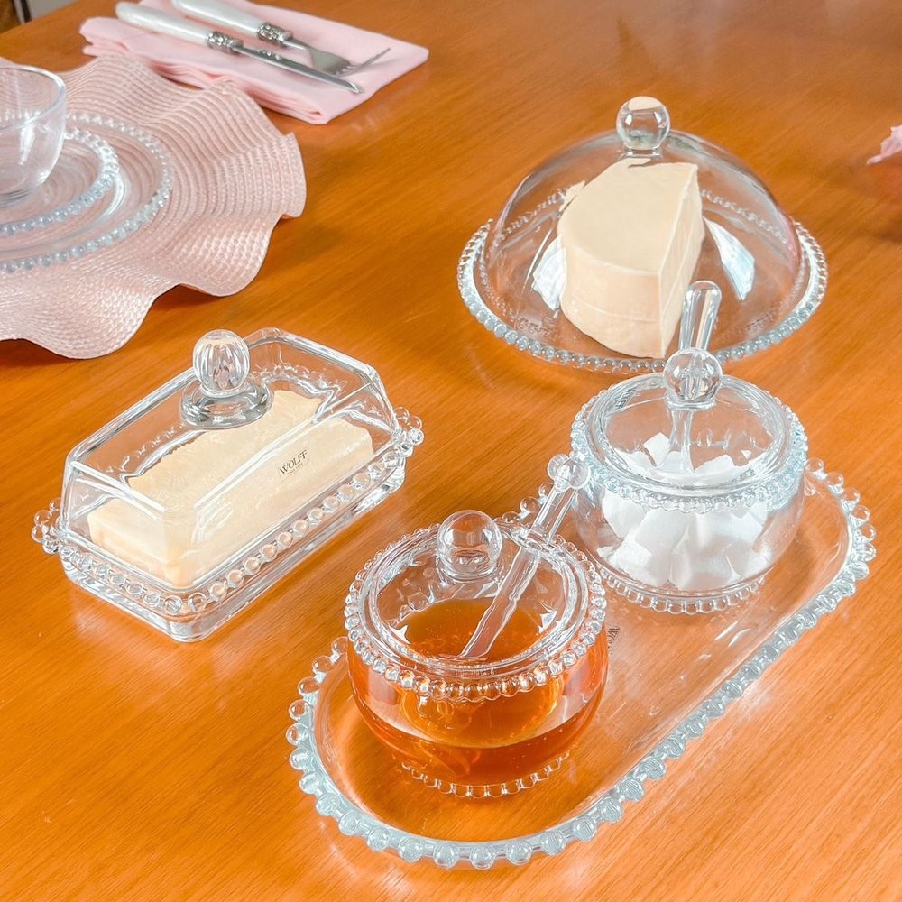Kit Café da Manhã  Vidro 5 Itens - Queijeira + Manteigueira + Açucareiro + Meleira + Trave...