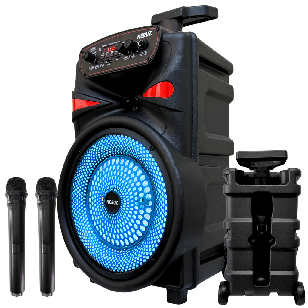 Caixa Amplificada Som Grande Potencia 2000w PMPO Rodinha e Suporte com 2 Microfones Sem Fio